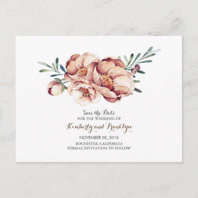 Vattenfärgsfall för bukett-blommigt spara datumet meddelande vykort (Framsida)