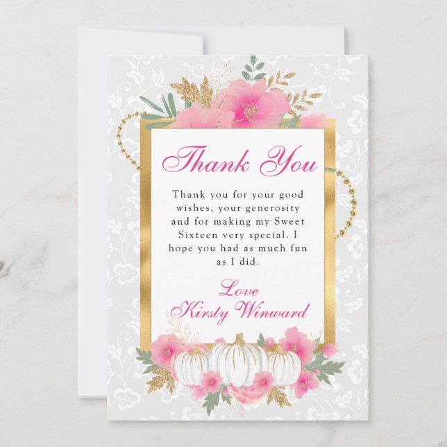 Vattenfärgsfall Rosa Guld Blommigt Pumpkin Sweet 1 Tack Kort (Framsida)