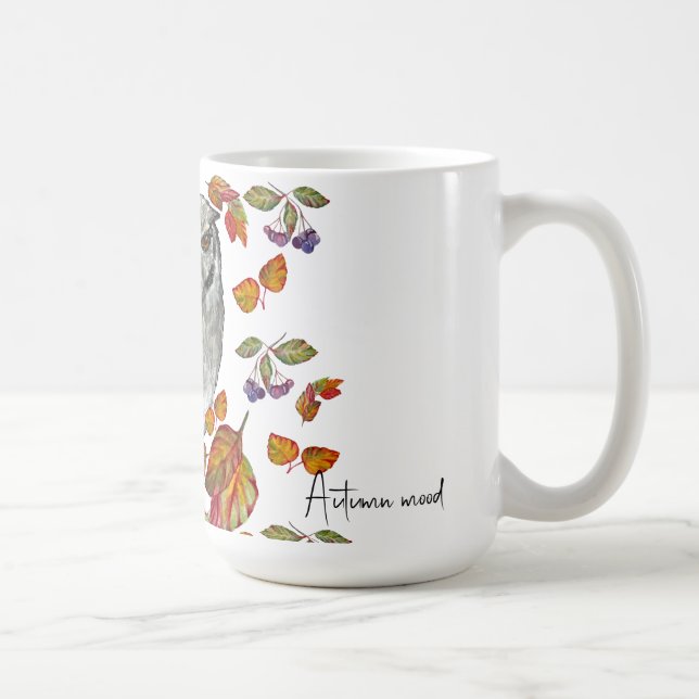 Vattenfärgsfall vacker uggla och löv kaffemugg (Höger)