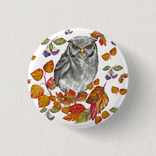 Vattenfärgsfall vacker uggla och löv knapp (Framsida)