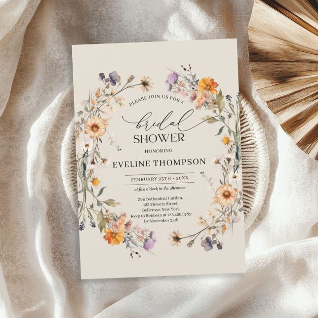 Vattenfärgsfall vilda blommor, andblått orange inbjudningar (Watercolor fall wildflowers wreath blue orange invitation)