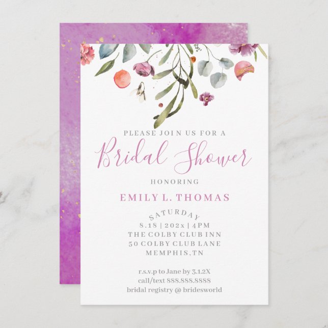 Vattenfärgsfallande blommor, Möhippa Lila in Inbjudningar (Fram/baksida)