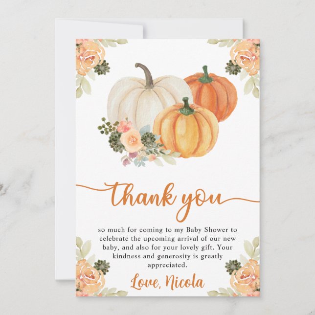 Vattenfärgsfallumpkin och Cactus Baby Shower Tack Kort (Framsida)