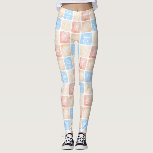 Vattenfärgsfält i Tass avtryck och  i rutor Leggings (Framsida)