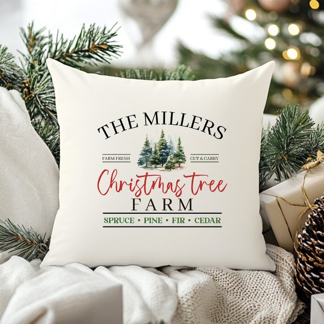 Vattenfärgsfamiljen Namn Julgran Farm Kudde (Watercolor Family Name Christmas Tree Farm Throw Pillow)