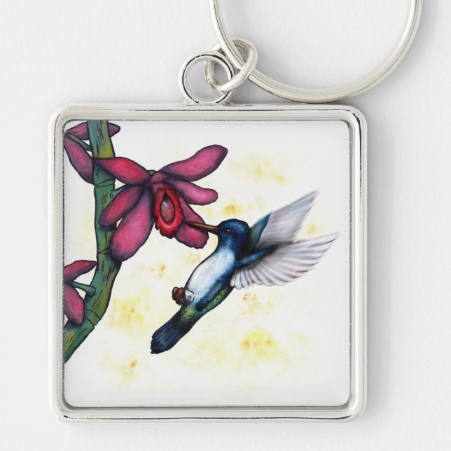 Vattenfärgsfantasi flygande hummingbird och orchid fyrkantig silverfärgad nyckelring (Framsidan)
