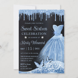 Vattenfärgsfärg Baby blue Glitter Dress Sweet sixt Inbjudningar