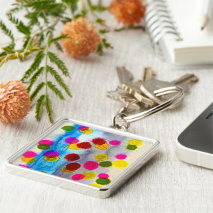Vattenfärgsfärg, blå polka dots, abstrakt fyrkantig silverfärgad nyckelring