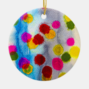 Vattenfärgsfärg, blå polka dots, abstrakt julgransprydnad keramik