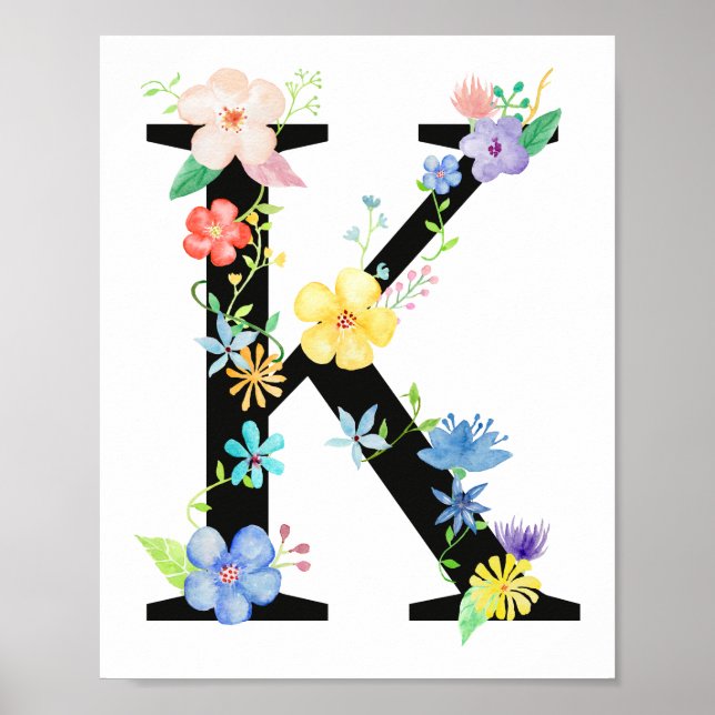 Vattenfärgsfärg Blommigt Brev K Poster (Framsidan)