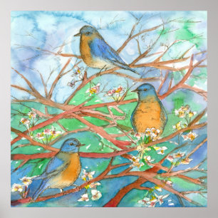 Vattenfärgsfärg Bluebirds Blommar Färg Träd Färgfä Poster