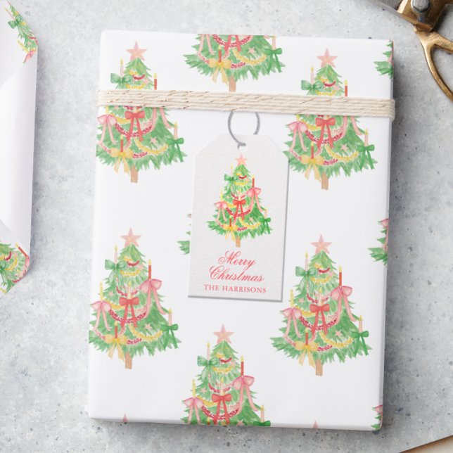 Vattenfärgsfärg Coquette Bow Julgran-hölje Presentetikett (Skapare uppladdad)