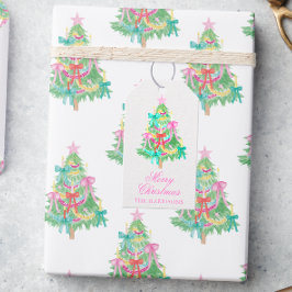 Vattenfärgsfärg Coquette Bow Julgran-hölje Presentetikett