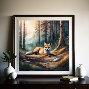 Vattenfärgsfärg, färgfox Ljugande i skog 1:1 Poster