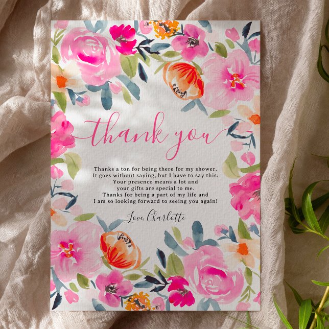 Vattenfärgsfärg för bohemisk fetstil, blommigt möh tack kort (Bohemian bold floral watercolor bridal shower thank you card on white)