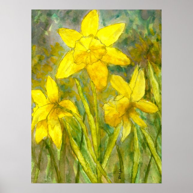 Vattenfärgsfärg, Gula blommor Art, Daffodils Poster (Framsidan)