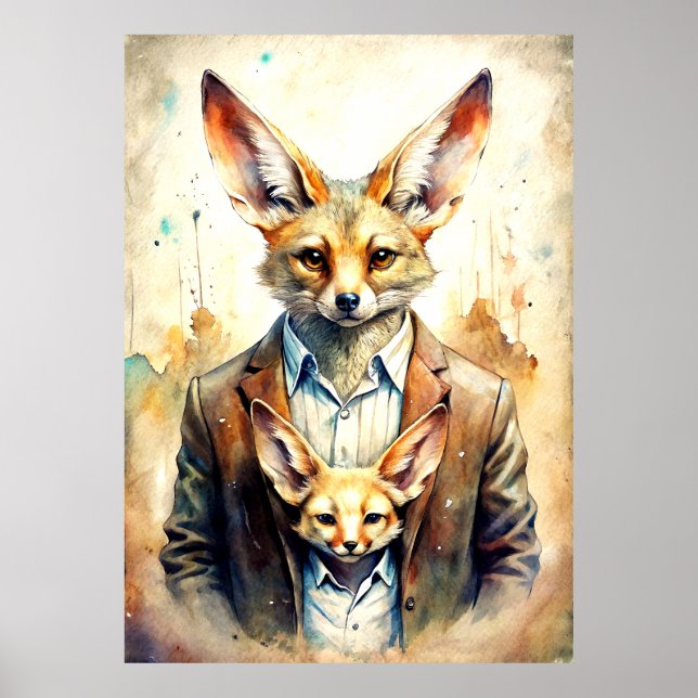 Vattenfärgsfärg Human med Fox Ansikte Poster (Framsidan)