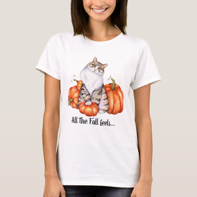 Vattenfärgsfärg Katt och Pumpkins Fall Feels T Shirt (Framsida)