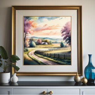 Vattenfärgsfärg målning av Farm Barn Poster
