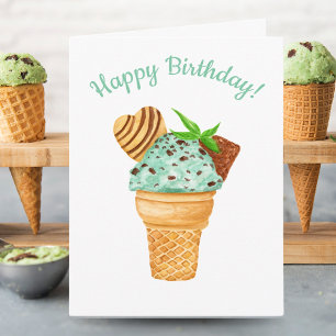 Vattenfärgsfärg Mint Chocolate Ice Cream Grattis p Kort