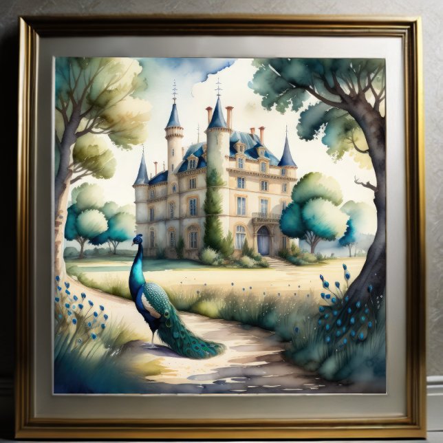 Vattenfärgsfärg på Peacock och Chateau Poster (Skapare uppladdad)