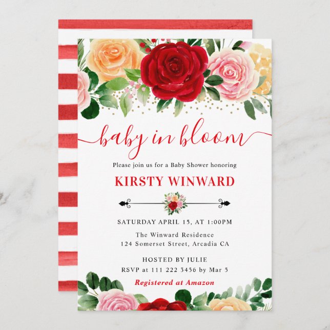 Vattenfärgsfärg Röd och Gul ros Babykläder Inbjudningar (Fram/baksida)