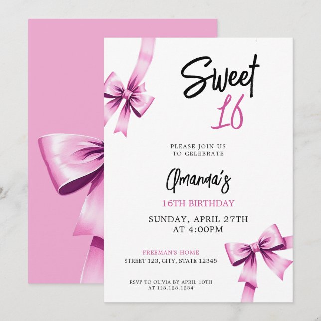 Vattenfärgsfärg Rosa Bows Coquette Sweet 16 Birthd Inbjudningar (Fram/baksida)