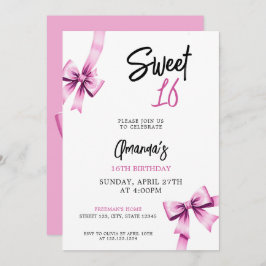 Vattenfärgsfärg Rosa Bows Coquette Sweet 16 Birthd Inbjudningar