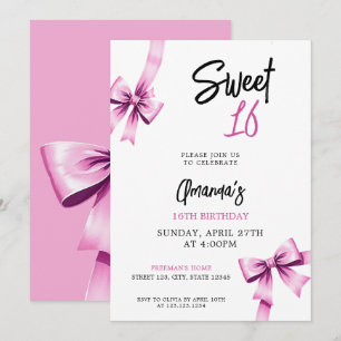 Vattenfärgsfärg Rosa Bows Coquette Sweet 16 Birthd Inbjudningar