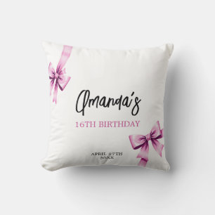 Vattenfärgsfärg Rosa Bows Coquette Sweet 16 Birthd Kudde