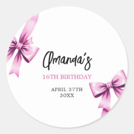 Vattenfärgsfärg Rosa Bows Coquette Sweet 16 Birthd Runt Klistermärke