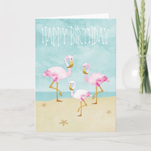 Vattenfärgsfärg Rosa Flamingos på stranden Kort (Framsida)