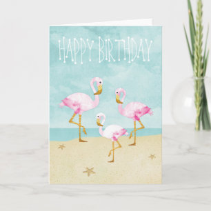 Vattenfärgsfärg Rosa Flamingos på stranden Kort