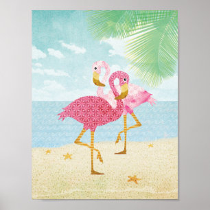 Vattenfärgsfärg Rosa Flamingos på stranden Poster