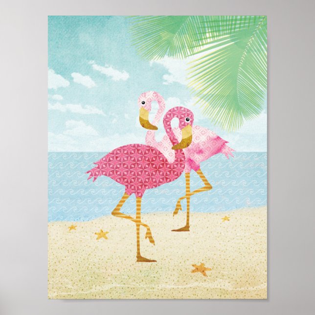 Vattenfärgsfärg Rosa Flamingos på stranden Poster (Framsidan)