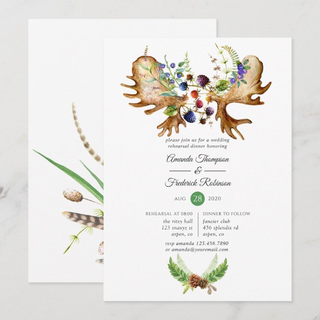 Vattenfärgsfärg Rustic Forest Rehearsal Middag Inbjudningar (Fram/baksida)