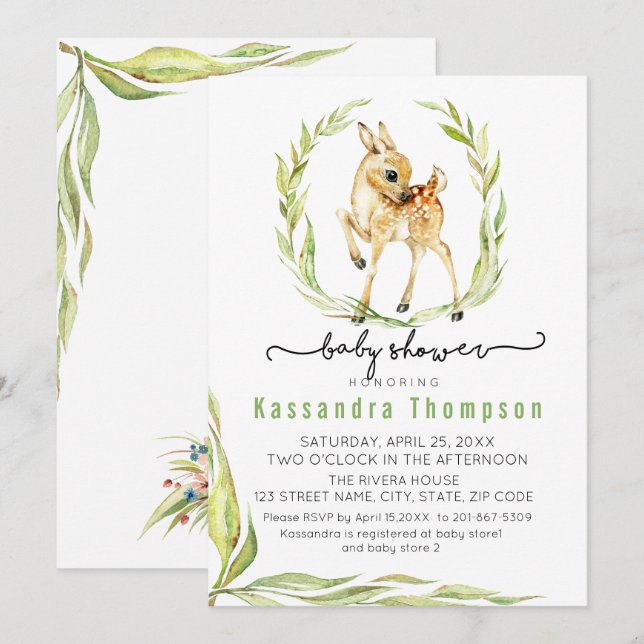 Vattenfärgsfärgad Baby-Hjort med storskuvött babys Inbjudningar (Fram/baksida)