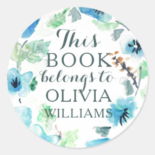 Vattenfärgsfärgad Blåa blommor Den här Bok Tillhör Runt Klistermärke