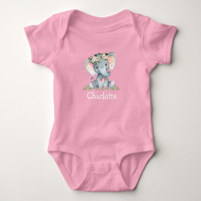 Vattenfärgsfärgad Blommigt Baby Elephant Baby Rosa T Shirt (Framsida)