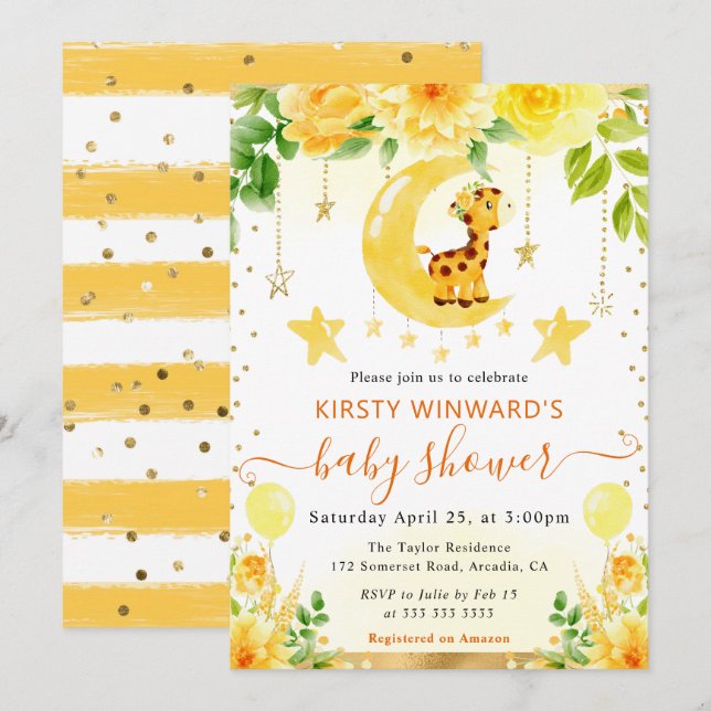 Vattenfärgsfärgad Blommigt Giraffe Baby Shower Inbjudningar (Fram/baksida)