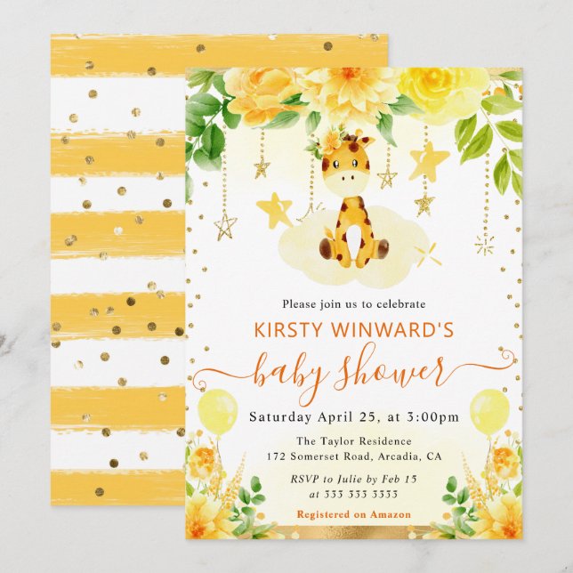 Vattenfärgsfärgad Blommigt Giraffe Baby Shower Inbjudningar (Fram/baksida)