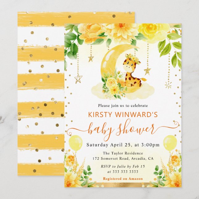 Vattenfärgsfärgad Blommigt Giraffe Baby Shower Inbjudningar (Fram/baksida)