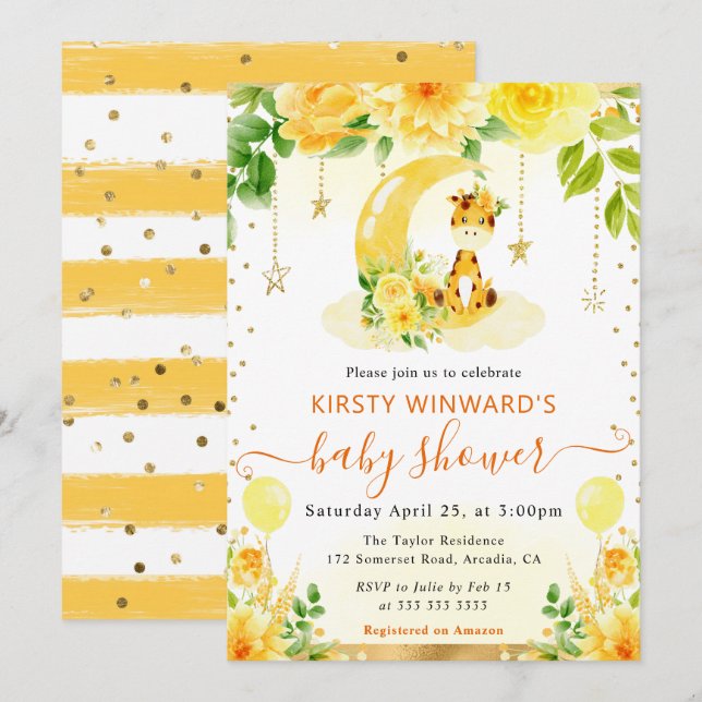 Vattenfärgsfärgad Blommigt Giraffe Baby Shower Inbjudningar (Fram/baksida)