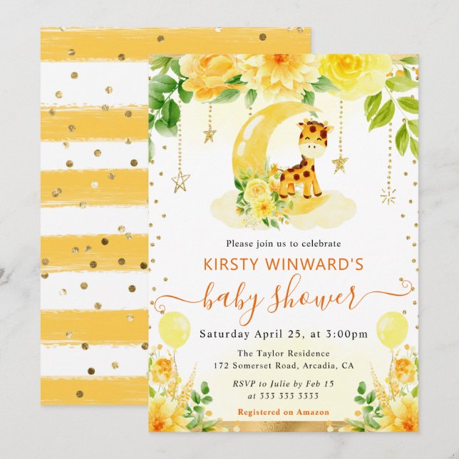 Vattenfärgsfärgad Blommigt Giraffe Baby Shower Inbjudningar (Fram/baksida)