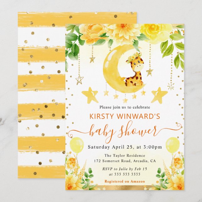 Vattenfärgsfärgad Blommigt Giraffe Baby Shower Inbjudningar (Fram/baksida)