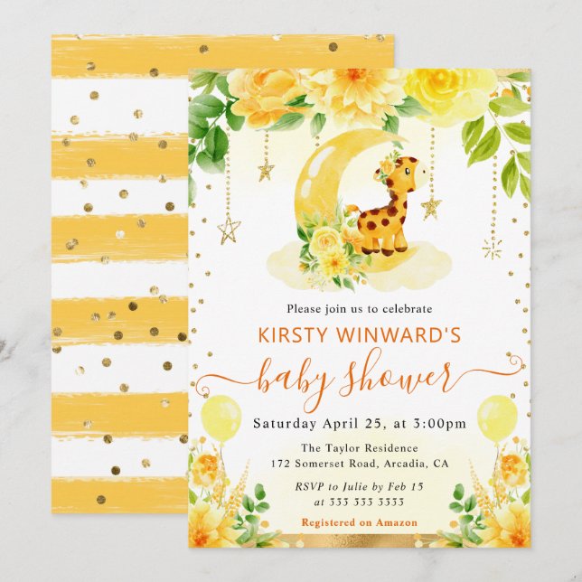 Vattenfärgsfärgad Blommigt Giraffe Baby Shower Inbjudningar (Fram/baksida)