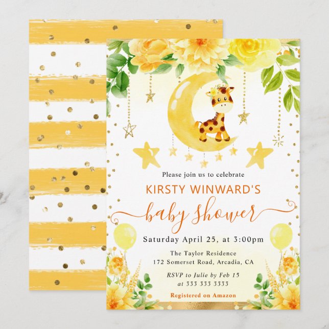 Vattenfärgsfärgad Blommigt Giraffe Baby Shower Inbjudningar (Fram/baksida)