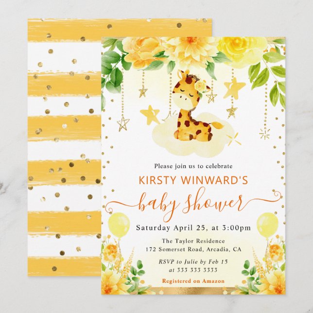 Vattenfärgsfärgad Blommigt Giraffe Baby Shower Inbjudningar (Fram/baksida)