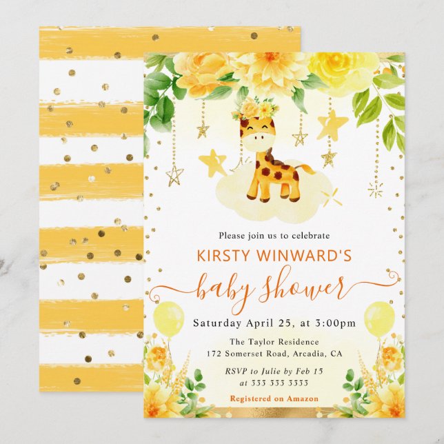 Vattenfärgsfärgad Blommigt Giraffe Baby Shower Inbjudningar (Fram/baksida)