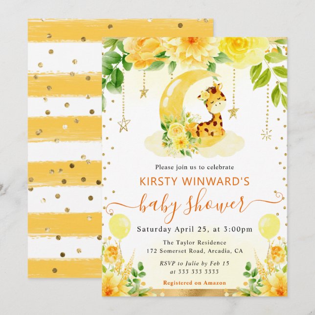 Vattenfärgsfärgad Blommigt Giraffe Baby Shower Inbjudningar (Fram/baksida)